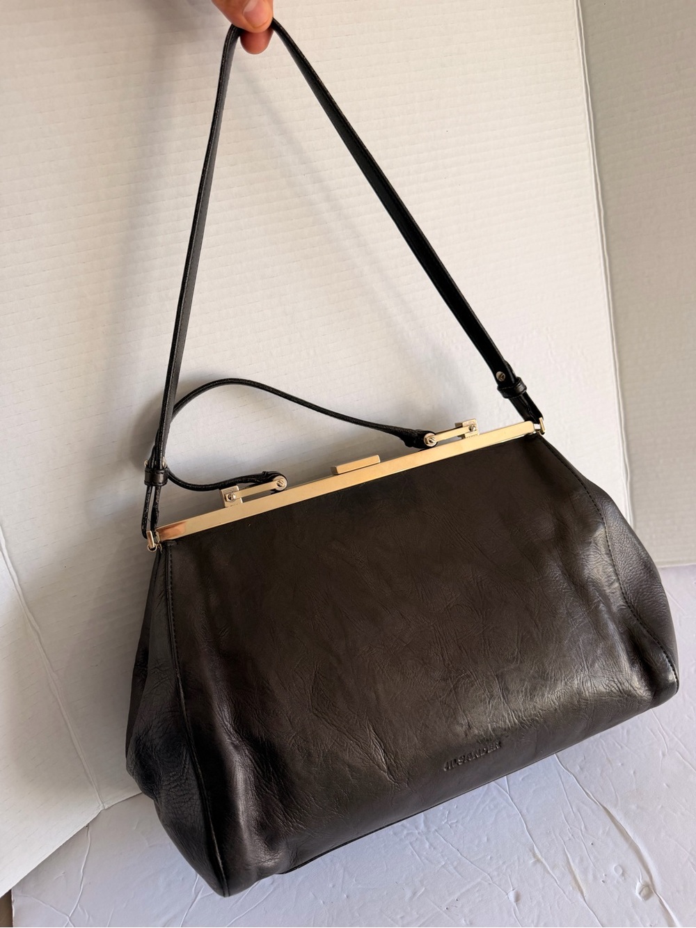 Jil Sander very dark gray Leather Top-Handle Shoulder Bag with Gold Frame - Picture 2 of 8